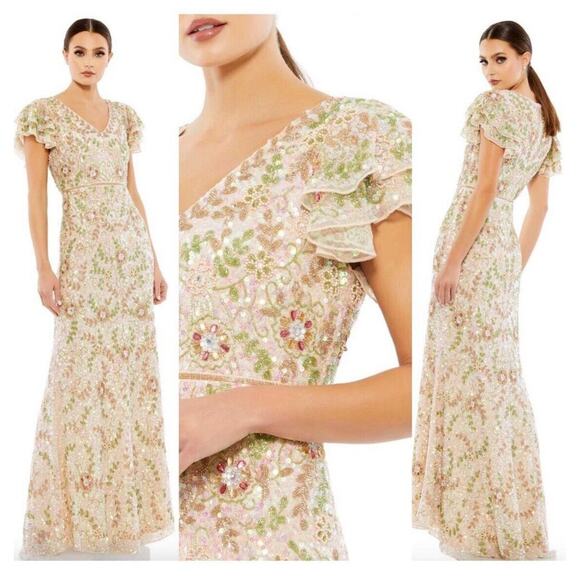 Mac Duggal 10772 Floral Sequin Ruffled Cap Sleeve V-Neck Evening Gown Size 6 NWT